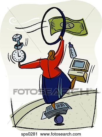 A woman doing a balancing act with time, work and life View Large Illustration Clip Art - A woman doing a balancing act with time, work and life. Fotosearch