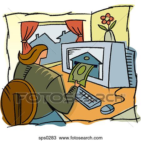 A woman putting money into a computer View Large Illustration Drawing - A woman putting money into a computer. Fotosearch
