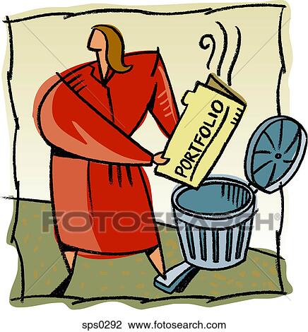 A woman throwing a portfolio in the trash View Large Illustration Drawing - A woman throwing a portfolio in the trash. Fotosearch