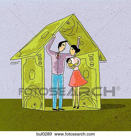 Stock Illustration - A couple with their baby standing under a house made of banknotes. Fotosearch