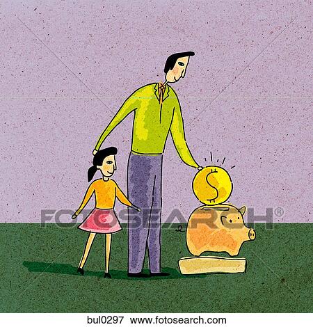 A man and his daughter putting a coin into piggy bank View Large Illustration Stock Illustration - A man and his daughter putting a coin into piggy bank. Fotosearch