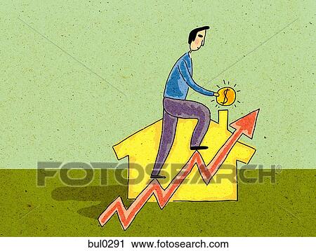 Clip Art - A man holding money and climbing a graph in front of a house. Fotosearch