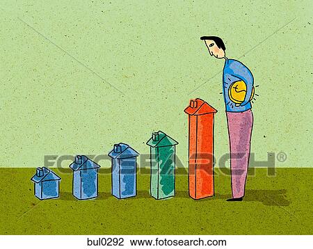 A man holding money and looking down at a row of small houses View Large Illustration Drawing - A man holding money and looking down at a row of small houses. Fotosearch