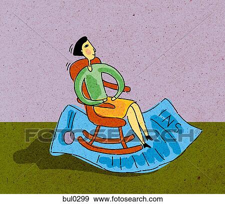 Stock Illustration - A woman sitting in a rocking chair on insurance papers. Fotosearch