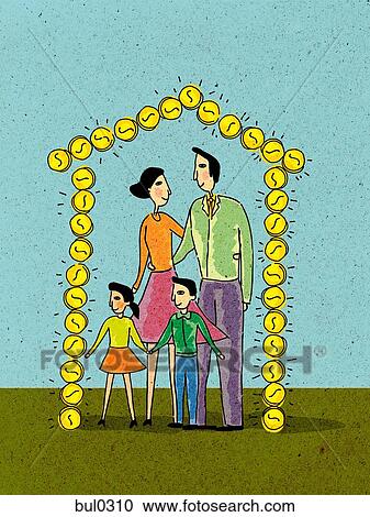 Family standing under a house made of dollar coins View Large Illustration Clipart - Family standing under a house made of dollar coins. Fotosearch