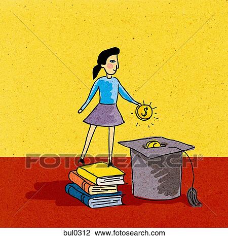 Drawing - Girl standing on a stack of books, putting money into a graduation cap. Fotosearch