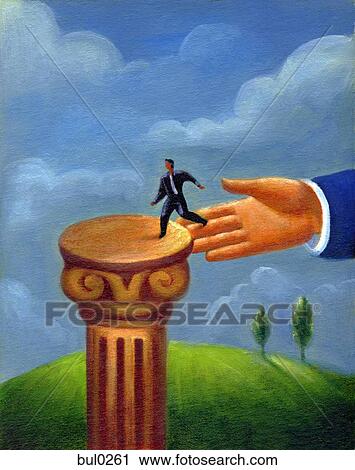 A giant human hand guiding a tiny businessman onto a pedestal View Large Illustration Clip Art - A giant human hand guiding a tiny businessman onto a pedestal. Fotosearch