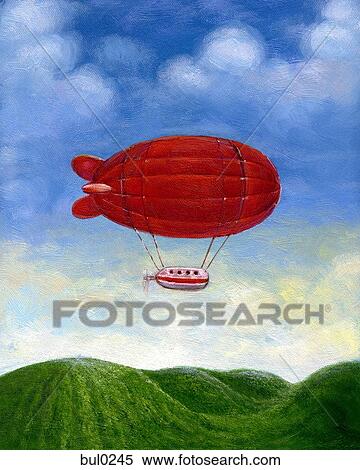 Stock Illustration - A red blimp floating over green hills. Fotosearch
