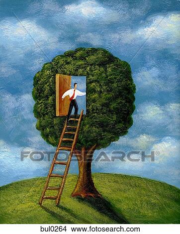 Businessman climbing ladder into a doorway in a tree View Large Illustration Stock Illustration - Businessman climbing ladder into a doorway in a tree. Fotosearch