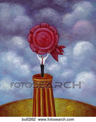 Businessman standing on top of pedestal, holding up a giant red ribbon View Large Illustration Drawing - Businessman standing on top of pedestal, holding up a giant red ribbon. Fotosearch