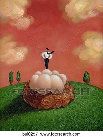 Businessman standing proudly on top of a giant nest full of eggs View Large Illustration Stock Illustration - Businessman standing proudly on top of a giant nest full of eggs. Fotosearch
