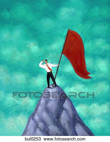 Businessman standing with red flag on mountain peak, looking out into the distance View Large Illustration Drawing - Businessman standing with red flag on mountain peak, looking out into the distance. Fotosearch