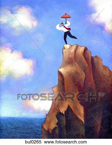 Businessman with umbrella looking down over the edge of a cliff View Large Illustration Stock Illustration - Businessman with umbrella looking down over the edge of a cliff. Fotosearch