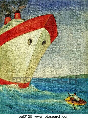 Stock Illustration - Man rowing a small boat away from a giant ship. Fotosearch