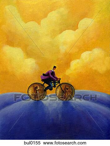 Stock Illustration - Side view of a man riding bicycle with coins as wheels. Fotosearch