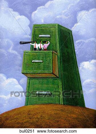 Three business people standing in a cabinet drawer and looking out into the distance View Large Illustration Clip Art - Three business people standing in a cabinet drawer and looking out into the distance. Fotosearch