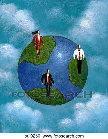Clipart - Three business people standing on different continents of the earth. Fotosearch