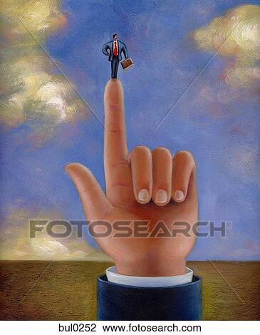 Tiny businessman standing on the fingertip of a giant human hand View Large Illustration Drawing - Tiny businessman standing on the fingertip of a giant human hand. Fotosearch