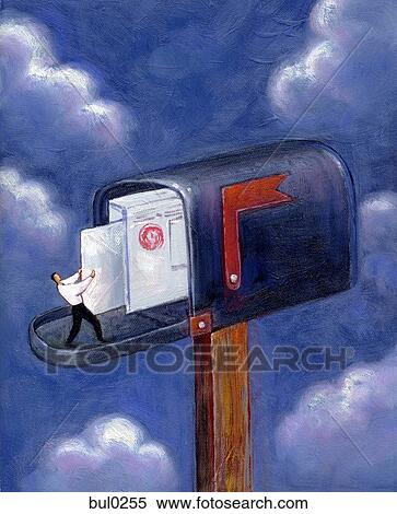 Tiny man pulling mail from a giant mailbox View Large Illustration Stock Illustration - Tiny man pulling mail from a giant mailbox. Fotosearch