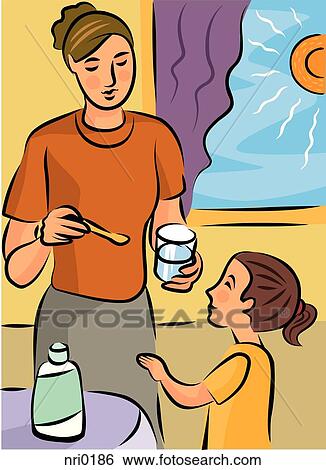 Stock Illustration - A mother spoonfeeding medicine to her daughter. Fotosearch