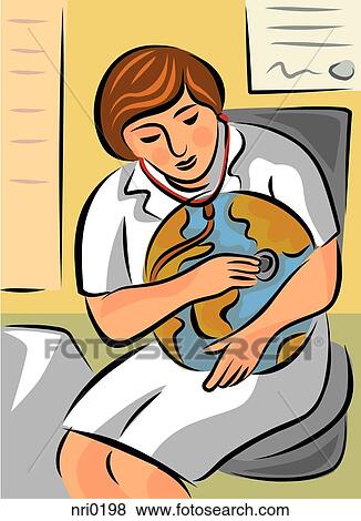 Stock Illustration - A nurse embracing the earth while listening to it with a stethoscope. Fotosearch
