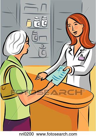 Clipart - A pharmacist handing over a prescription to an elderly woman. Fotosearch