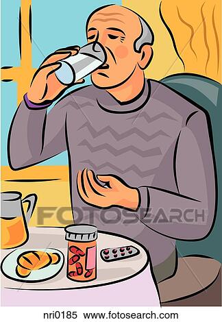 An elderly man taking pills with a glass of water View Large Illustration Stock Illustration - An elderly man taking pills with a glass of water. Fotosearch