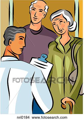 Stock Illustration - Doctor holding a clipboard and talking to an elderly couple. Fotosearch