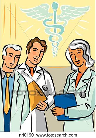 Clipart - Doctors standing near a caduceus symbol. Fotosearch