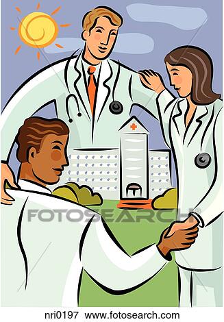 Stock Illustration - Three doctors hand in hand, circling a hospital building. Fotosearch
