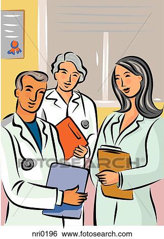 Three doctors standing with clipboards View Large Illustration Stock Illustration - Three doctors standing with clipboards. Fotosearch
