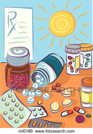 Various types of pills and a prescription View Large Illustration Stock Illustration - Various types of pills and a prescription. Fotosearch