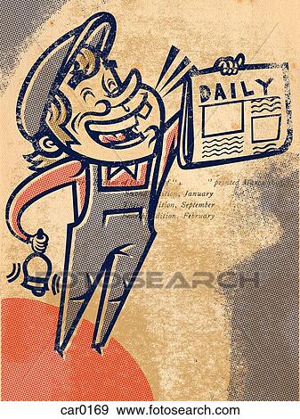Stock Illustration - A paperboy holding up the daily newspaper. Fotosearch