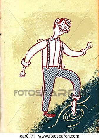Clip Art - Drawing of a man dipping his foot into a stream. Fotosearch