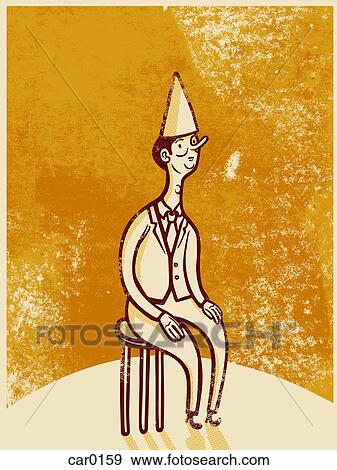 Stock Illustration - Drawing of a man wearing a dunce cap while sitting on a stool. Fotosearch