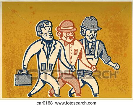Stock Illustration - Drawing of three men walking to work. Fotosearch