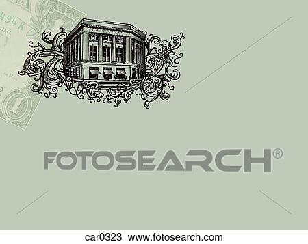 Drawing - An old style bank building and a US dollar bill on a green background. Fotosearch