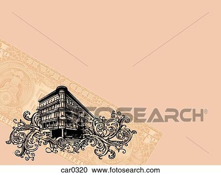 Clipart - Bank building and a US dollar bill on a pink background. Fotosearch