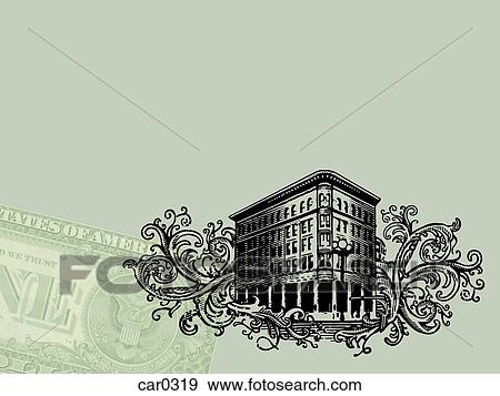 Stock Illustration - Bank building and a US dollar bill on a green background. Fotosearch