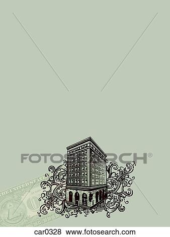 Stock Illustration - Bank building and a US dollar bill on green background. Fotosearch