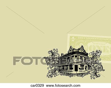 Stock Illustration - Bank building and a US dollar bill on yellow background. Fotosearch