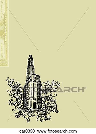 Clipart - High-rise building and a dollar bill on yellow background. Fotosearch