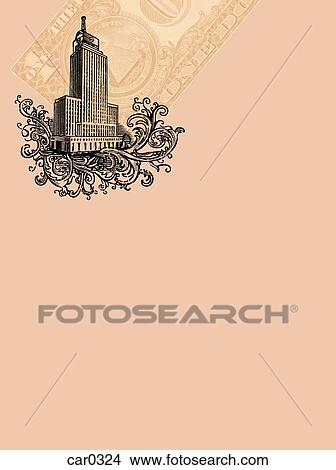 Stock Illustration - Modern high-rise building and a US dollar bill on pink background. Fotosearch