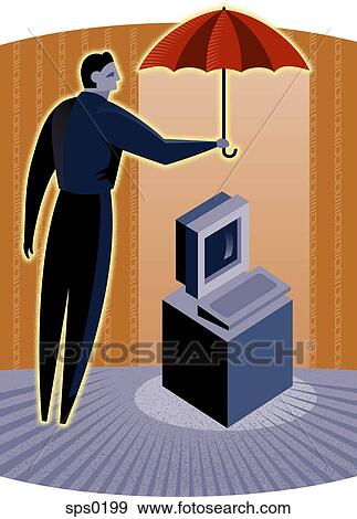 Stock Illustration - A man covering a computer with an umbrella. Fotosearch
