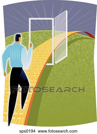 Stock Illustration - A man going through an open door. Fotosearch