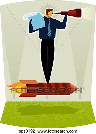 A man standing on a rocket while looking through a telescope View Large Illustration Drawing - A man standing on a rocket while looking through a telescope. Fotosearch