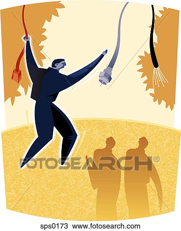 A man swinging from cord to cord View Large Illustration Drawing - A man swinging from cord to cord. Fotosearch