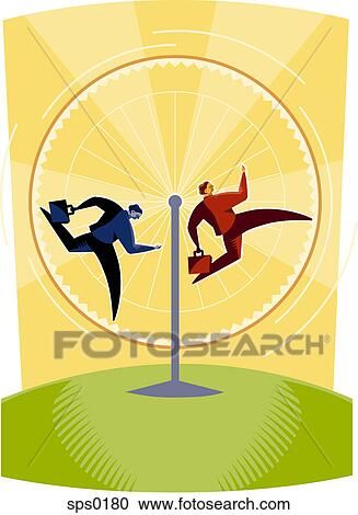 Two businessmen running around inside a wheel View Large Illustration Clipart - Two businessmen running around inside a wheel. Fotosearch