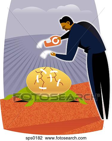 A man taping a hatching egg View Large Illustration Drawing - A man taping a hatching egg. Fotosearch