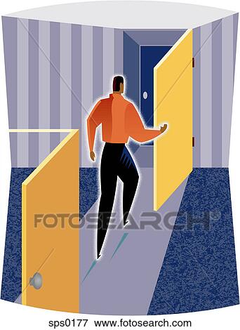 Stock Illustration - Illustration of a man going through doors. Fotosearch